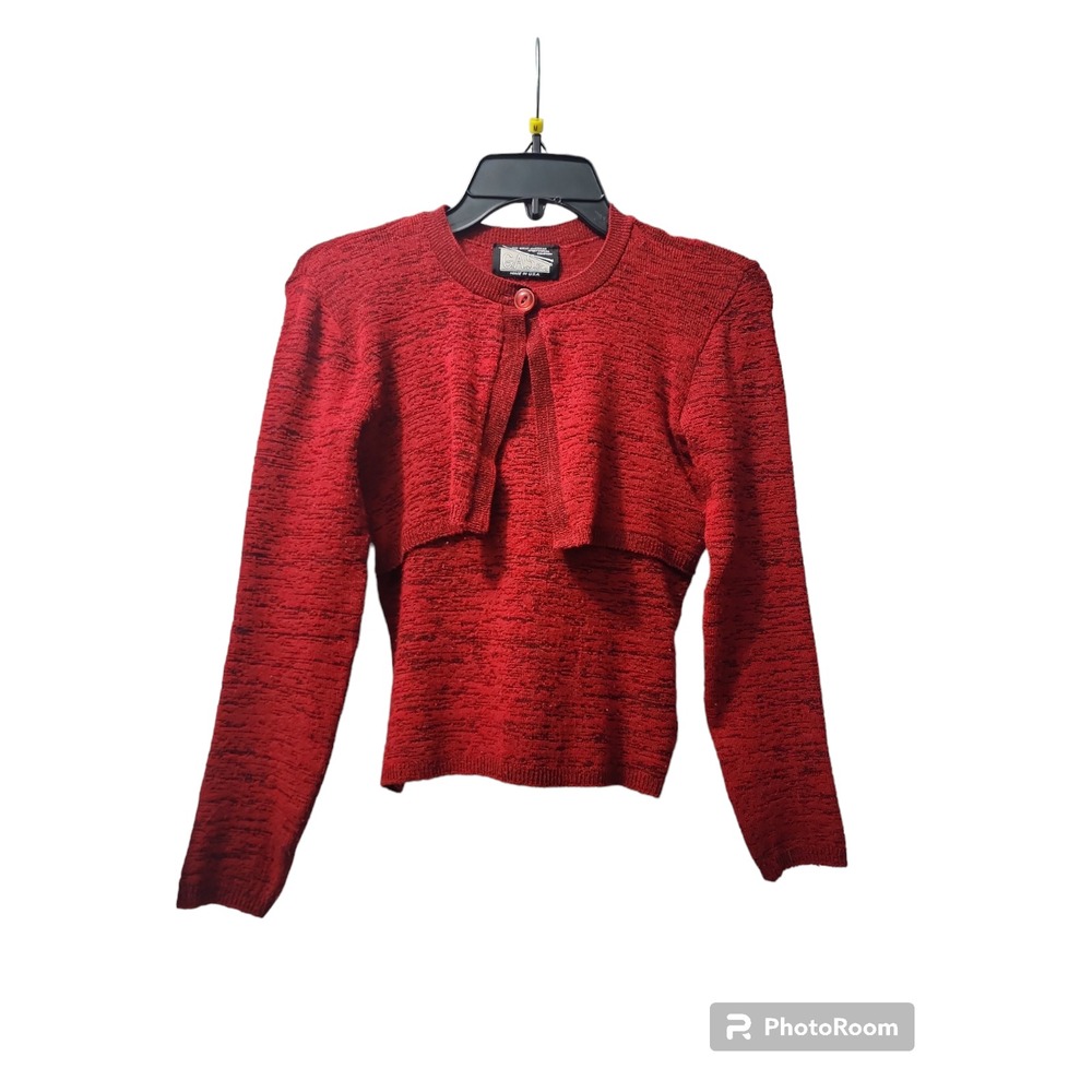 Vintage Red Knit Cardigan Top Set Long Sleeve Button Up Sweater Size S‎